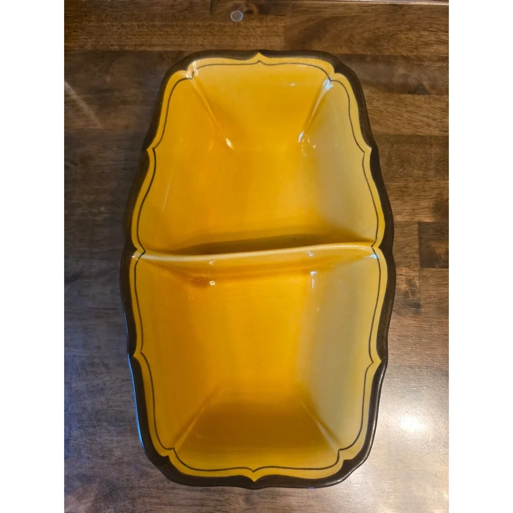 Vintage Yellow Divided Ceramic Serving Dish Scalloped Brown Rim Rectangular Tray